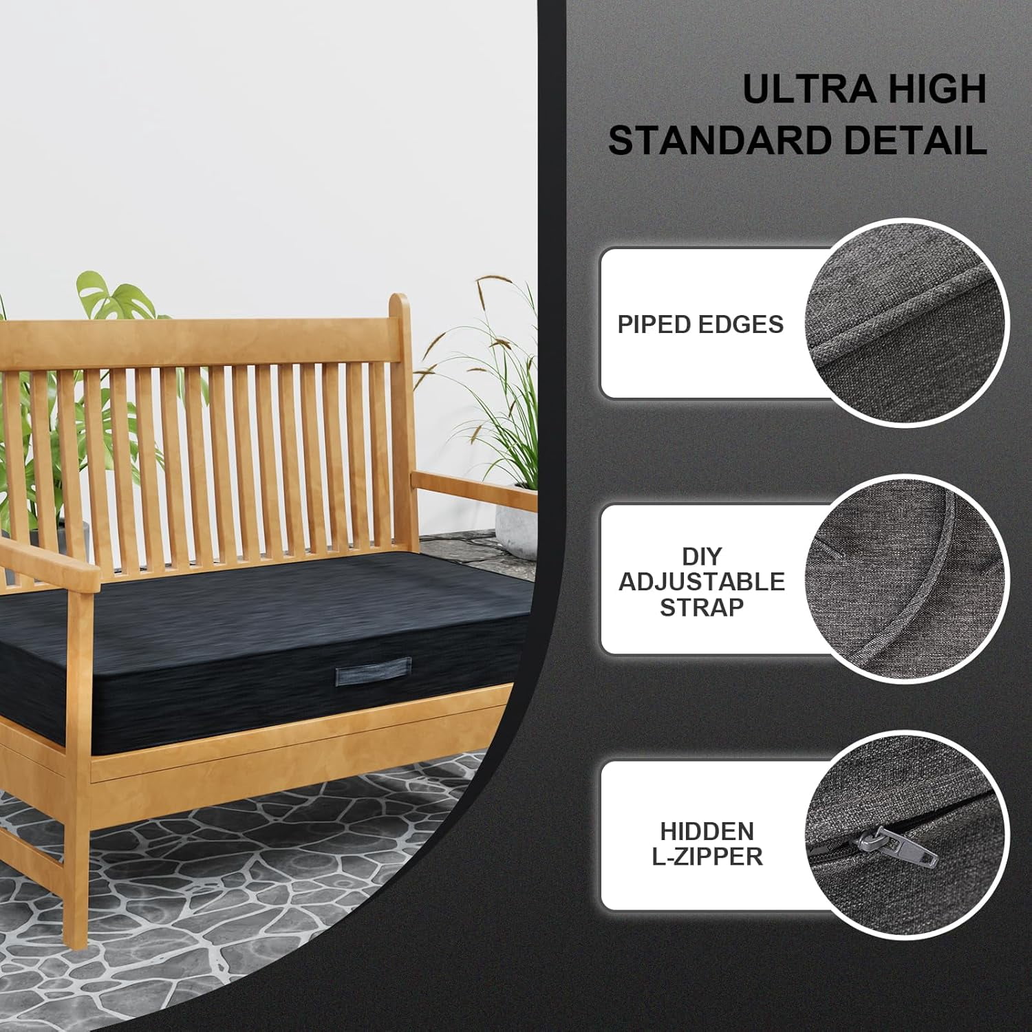 GKTG Outdoor Olefin Water-Resistant Bench Cushion, Weather and Fade Resistant Patio Furniture Thickened Seat Pad with Handle and Adjustable Strap