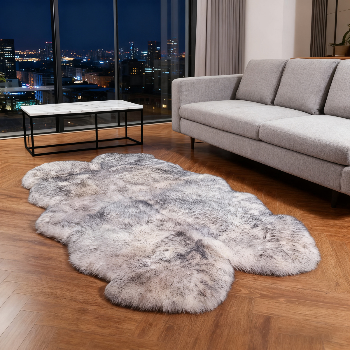 Faux sheepskin area rug 4'x6', white-gray machine-washable fluffy carpet，Suitable for bedroom, living room, and children's room bedside rug