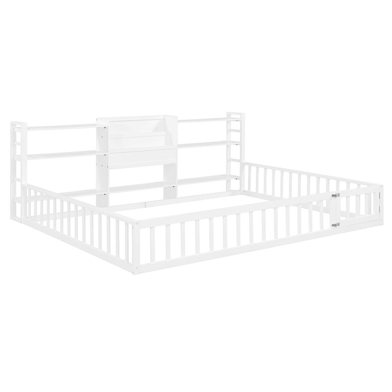 Queen Size Floor Bed Montessori Bed with Integrated Bookcase and 3-Tier Storage Shelves, Wooden Low Profile Toddler Bed Platform Bed with Safety Guardrails for Boys Girls