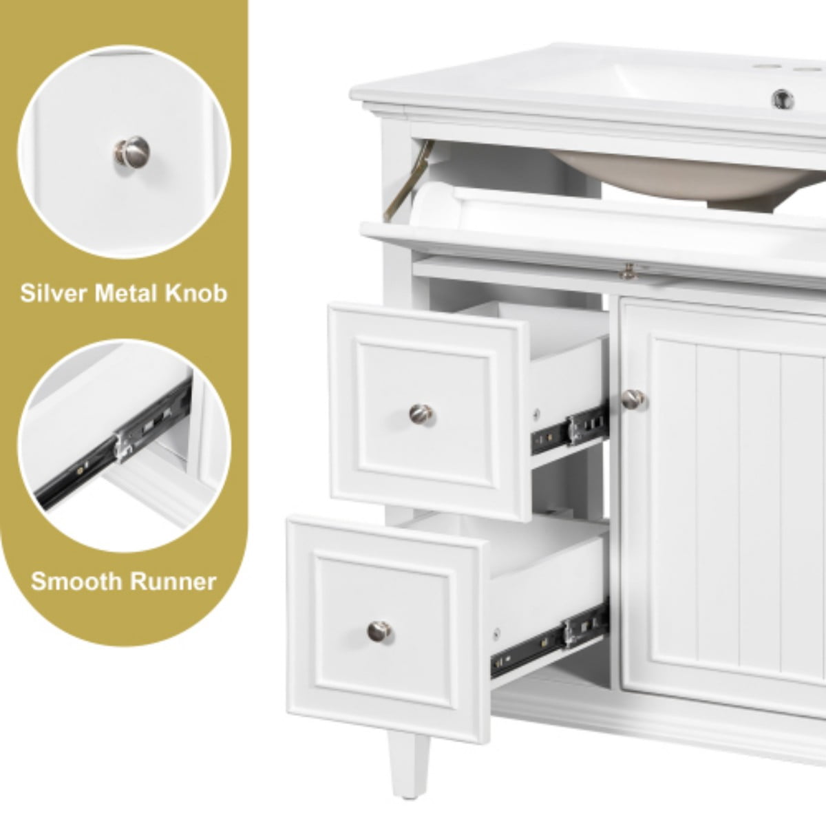 30" Bathroom Vanity with Sink, Modern Bathroom Cabinet with Ceramic Vanity Sink, Solid Wood & MDF Storage Cabinet with Flip Drawer, Adjustable Shelf, White
