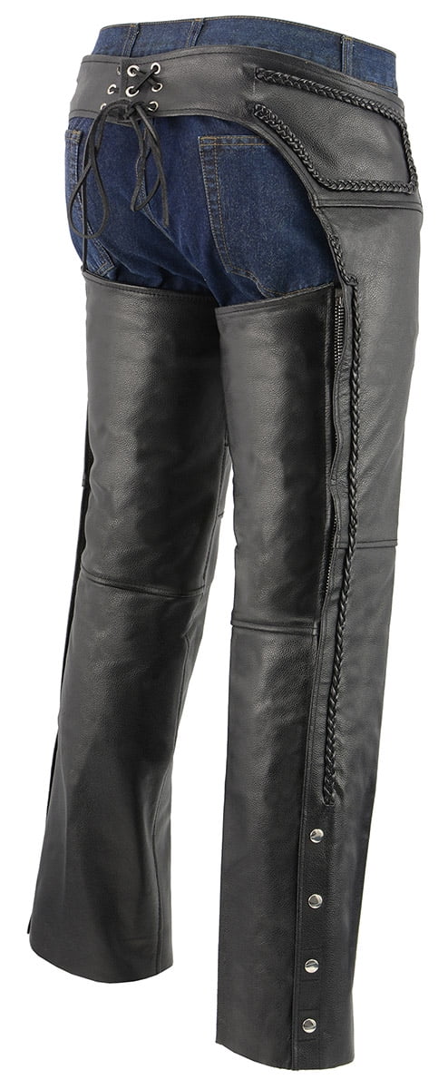 M-Boss Motorcycle Apparel BOS15505 Men’s Black Leather Mesh Lined and Braided Zip-Out Insulated Chaps M-Boss Motorcycle Apparel BOS15505 Men’s Black Leather Mesh Lined and Braided Zip-Out Insulated Chaps