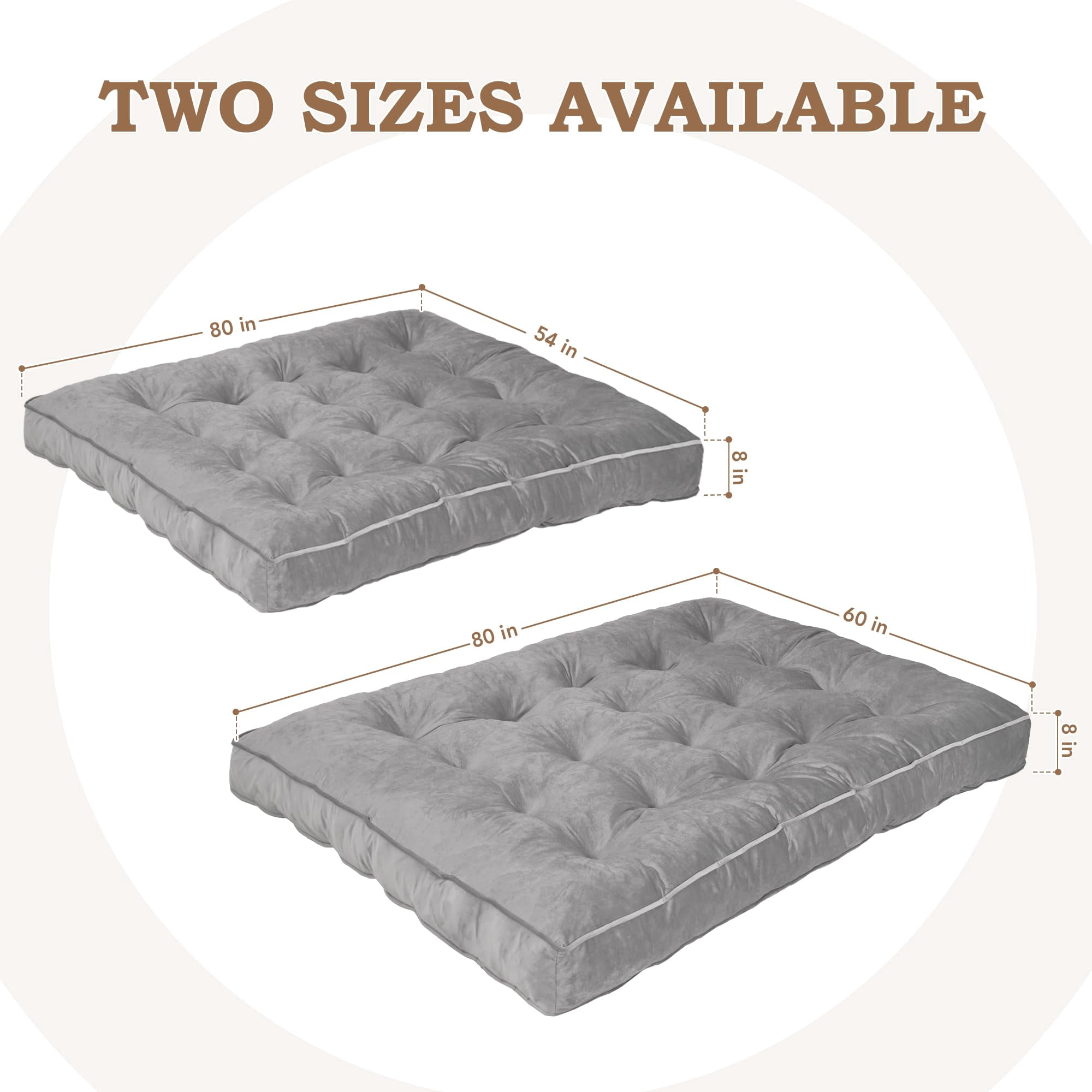 8-inch Futon Mattress Queen Size, Thick Futon Sofa Couch Bed Foldable Floor Sleeping Pad for Adults, Portable Floor Bed Mattress, Velvet Tatami Mat (Frame Not Included), Light Grey