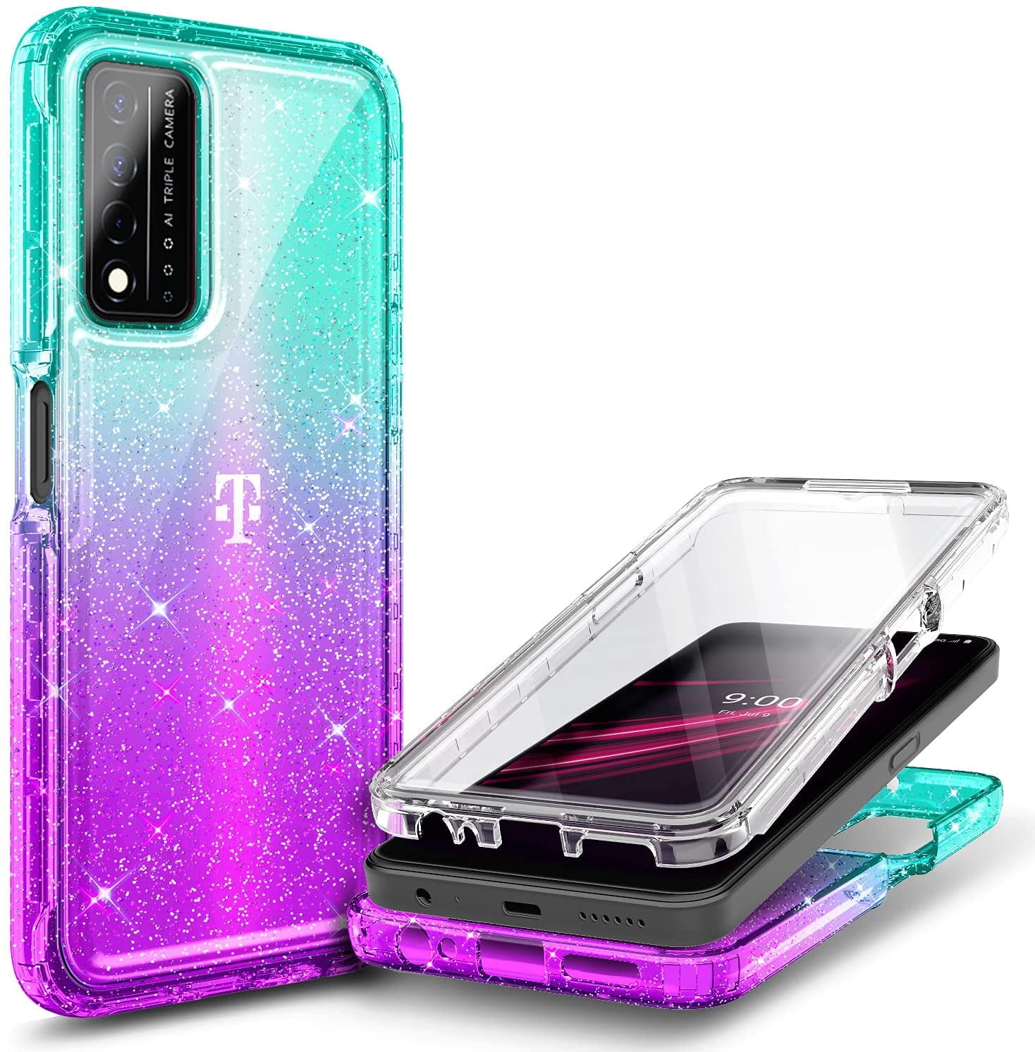Glitter Pink/Aqua Impact Resist Durable Phone Case Full-Body Protective Shockproof Rugged Bumper Cover NZND Motorola Moto G Play 2021 Case with Built-in Screen Protector 