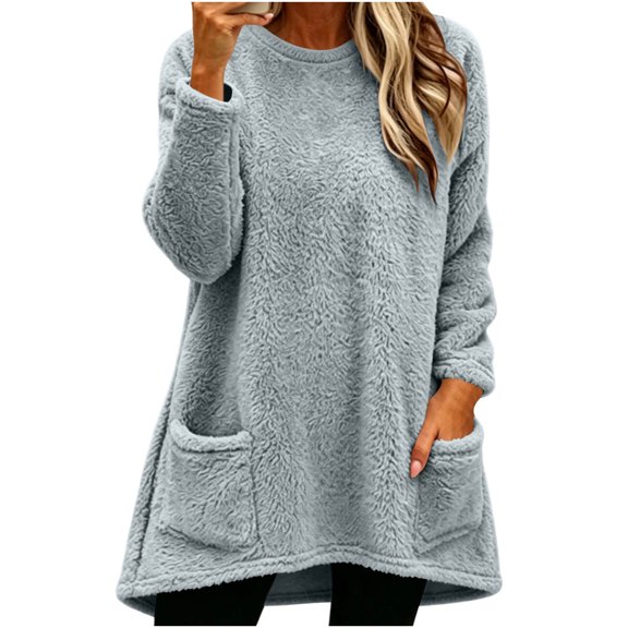 jobturf Sherpa Fleece Sweatshirts for Women Oversized Crewneck Sweatshirt with Pockets Winter Warm Loose Long Sleeve Tunic Tops M