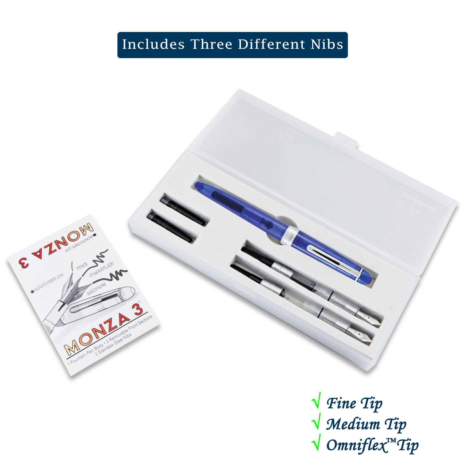 Monteverde Monza 3 Set Crystal Clear Fountain Pen, Blue