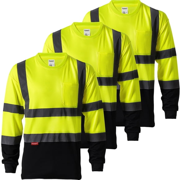 ProtectX Lot de 3 T-Shirts de Sécurité Réfléchissants pour Hommes, Haute Visibilité, Robustes, Respirants, à Manches Longues, pour le Travail et la Construction d'Entrepôt, Classe 2 Type R, Vert - Très Grand