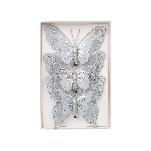 Butterfly Ornaments Silver Glitter Rhinestone 3 Pack Hanging Pieces for Christmas Tree Wedding Party Holiday Decor