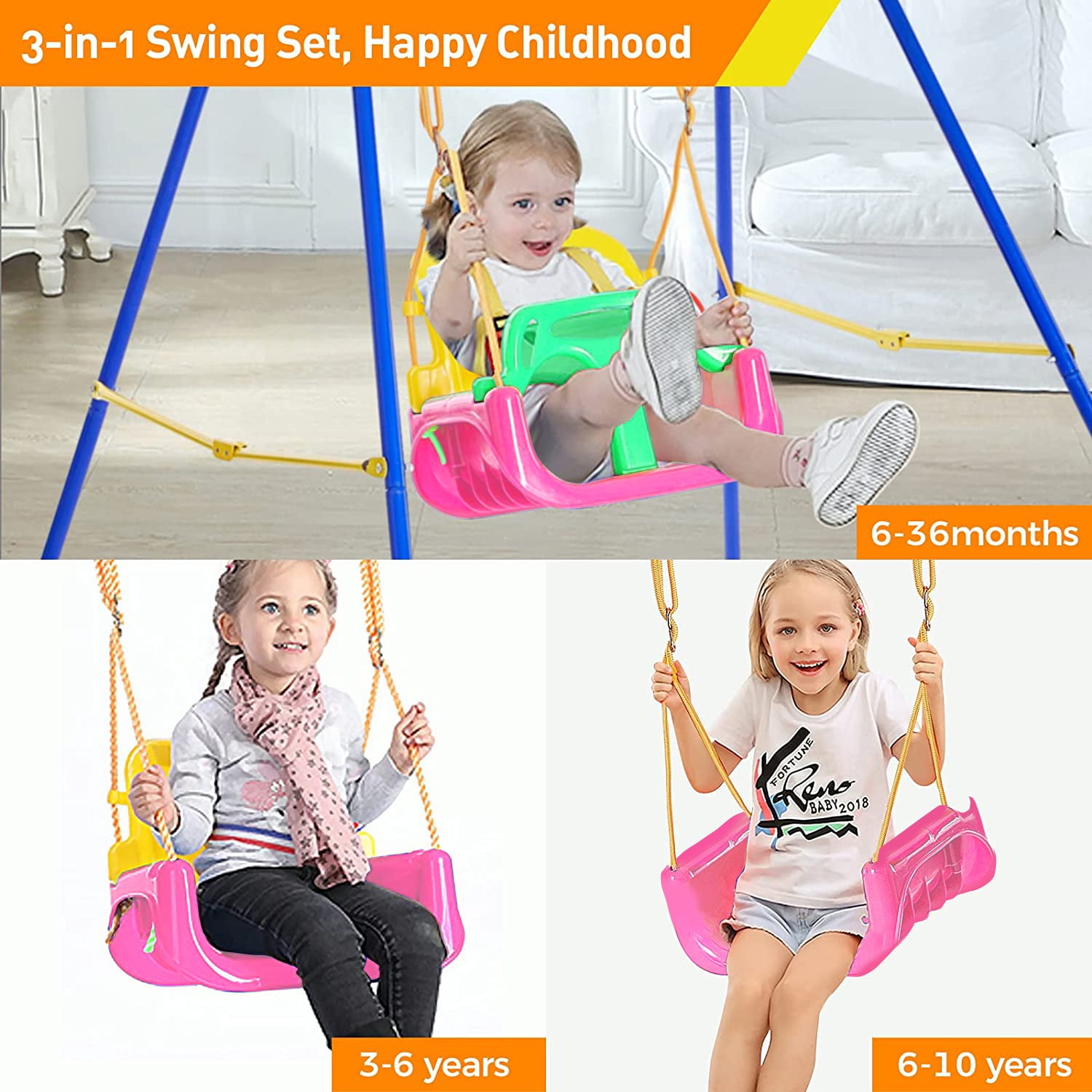 JBeeCtrl 3-in-1 Baby Swing Sets with Hanging Strap and Hooks for Outside Toddler Swing Anti-Flip Snug & Secure Detachable Infants to Kids Swing Seat for Indoor/Outdoor Playset（Pink）