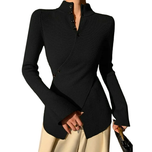 Women'S Knit Basic Sweater Elegant Stand Collar Button Slim Fit - Slit Long Sleeve Pullover Tops Black L