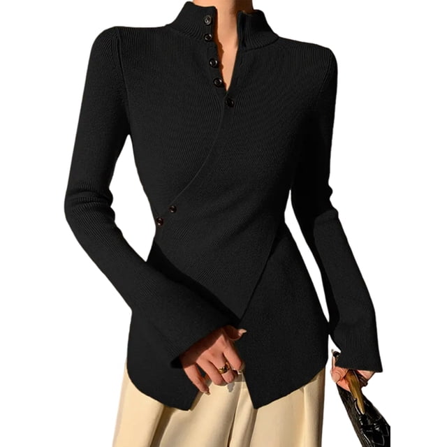 Suéter Básico de Punto para Mujer, Elegante Jersey de Cuello Alto con Botones, Corte Entallado, Abertura Cruzada y Larga. Negro L
