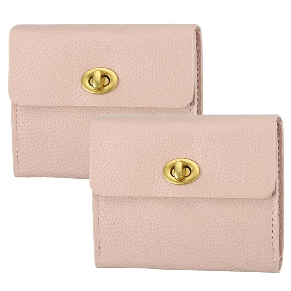 Uxcell 2 Pcs Small Leather Wallets for Women with Metal Buckle, Stylish Card Holder Wallet Card Case Coin Purse for Cash Business Men and Women, Pink