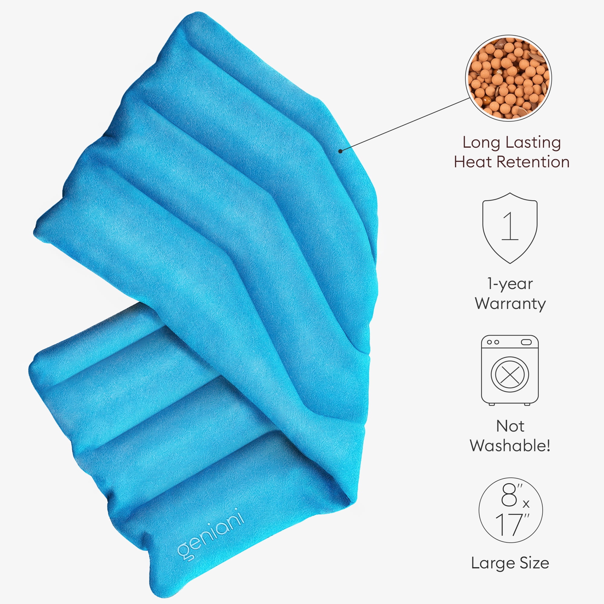 Geniani Microwavable Heating Pad for Neck, Shoulders & Muscle Relief – Cordless Hot & Cold Pad with Ultra-Soft Fabric for Pain & Cramps Comfort (8"×17", Azure Blue)