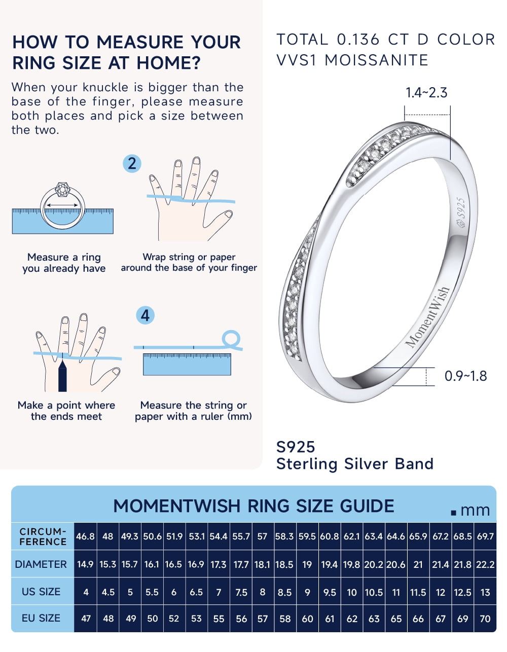 MomentWish Wedding Promise Ring, Moissanite Engagement Ring for Women 925 Sterling Silver Anniversary Band-Size8