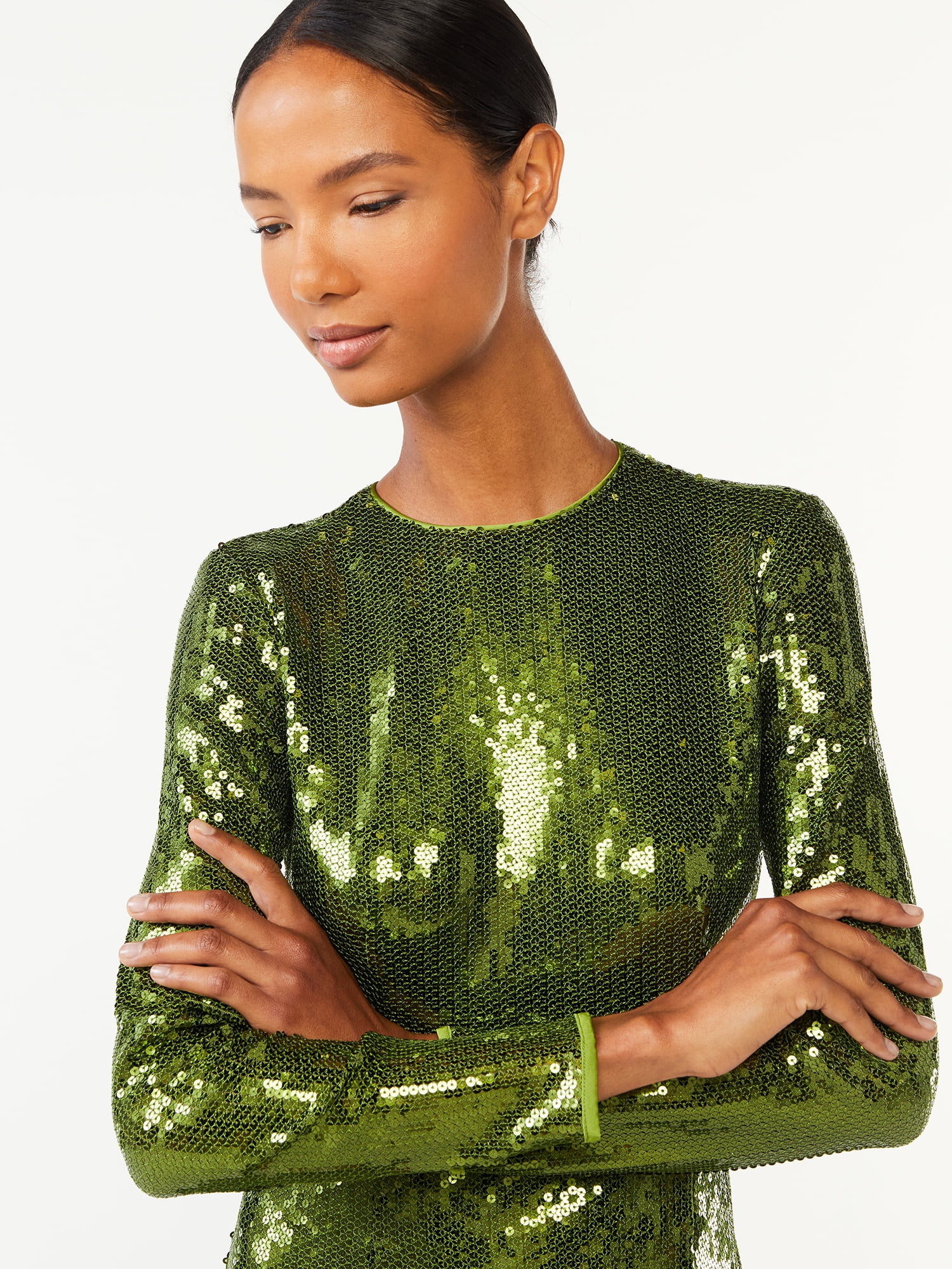 Sequin Green Short Mini Dress Flare Sleeve Faux Wrap, Sidney, Chekani