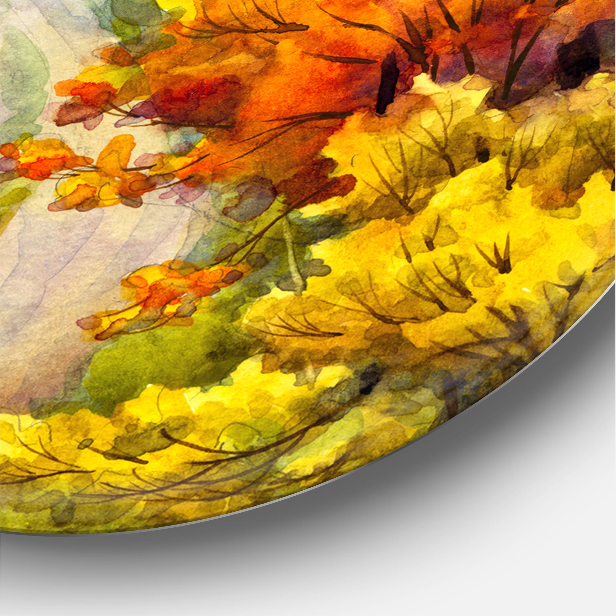 Designart 'Little Road Through VIbrant Autumn Scene' Lake House Circle Metal Wall Art 23x23 - Disc of 23