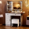 thumbnail image 3 of Esmlada Vanity Desk with Mirror and Lights, Vanity Desk Table Set with Storage Bench, Power Outlet, for Bedroom, Brown, 3 of 8