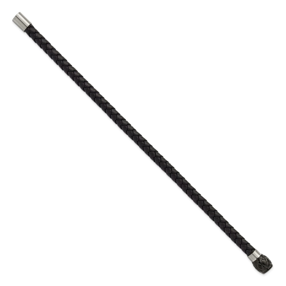 Diamond2Deal Stainless Steel Brushed and Polished Black Woven Leather Bracelet for Men 8.5"