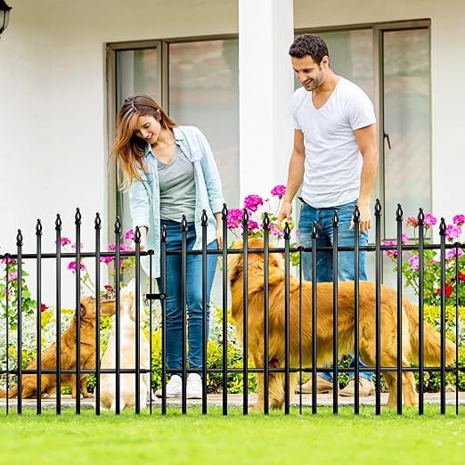 Metal Garden Fence 32" H x 24" W (4 Panels + 1 Gate) 10 Ft Total, Rustproof Animal Barrier No Dig Decorative Fencing for Dogs, Pet, Yard & Patio, Easy Installation