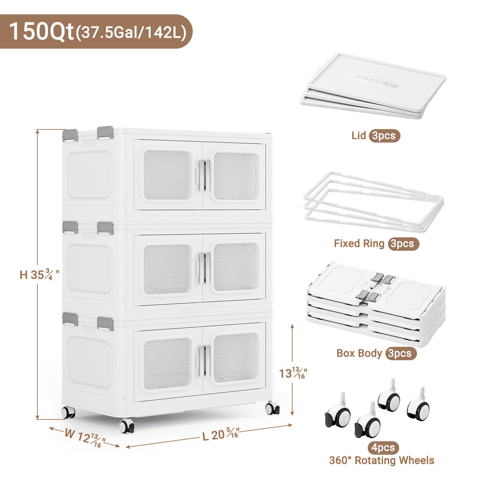 BROVIEW 37.5Gal Extra Large Storage Bins with Lid, 150Qt Plastic Stackable Storage Bins with Wheels, Collapsible Closet Organizer and Storage Drawers, Storage Cabinets for Home, Office, 3 Pack, White