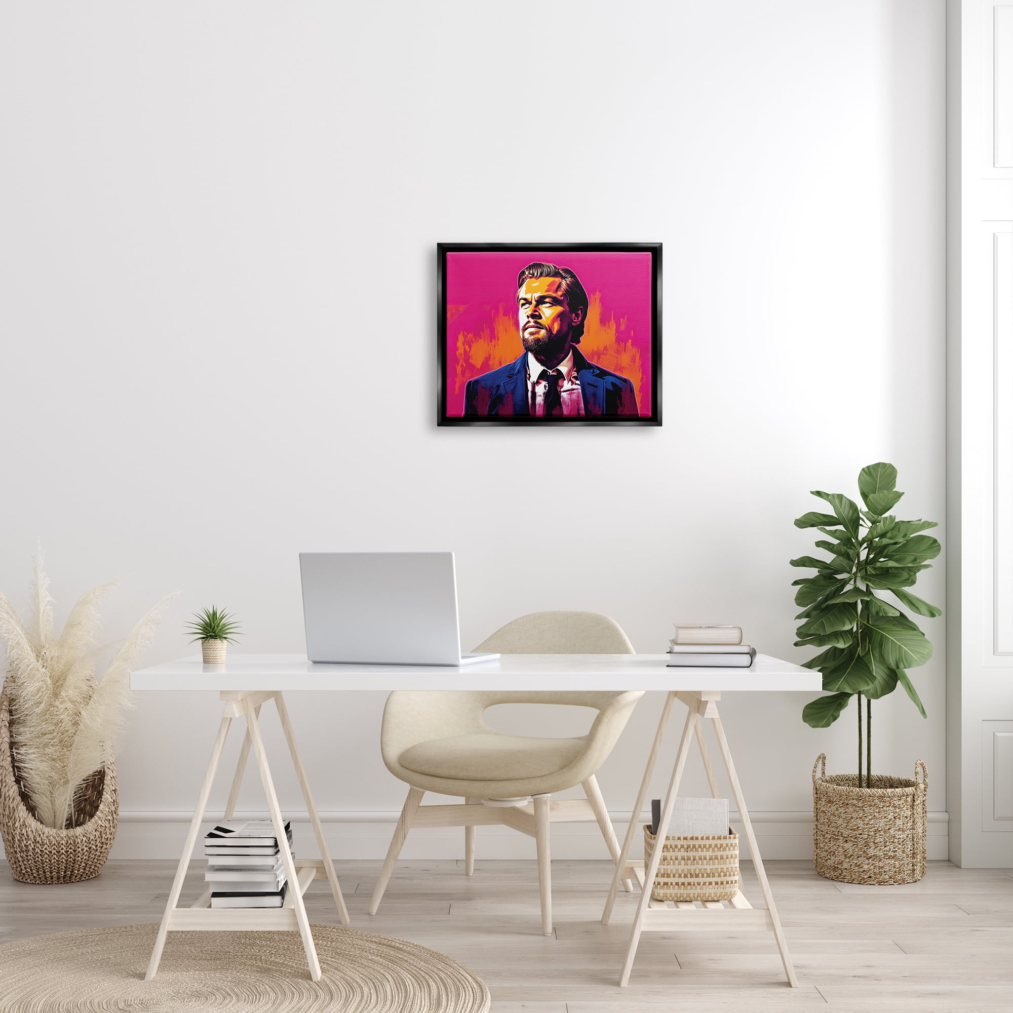 Stupell Industries Leonardo DiCaprio on Pink Abstract Painting Black Floater Framed Art Print Wall Art, 21 x 17