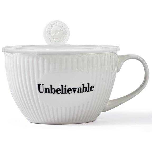Unbelievable 28 oz Soup Mug, Striped Porcelain Cup with Lid, Funny White Ceramic Bowl with Handle and Cover for Meals or Drinks at Office, Dorm or Home Kitchen, White