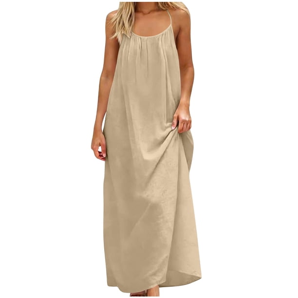 Vestido de Verano Casual de Mujer Cuello Redondo Sólido sin Mangas Mini Sling Vestido sin Espalda para las Mujeres
