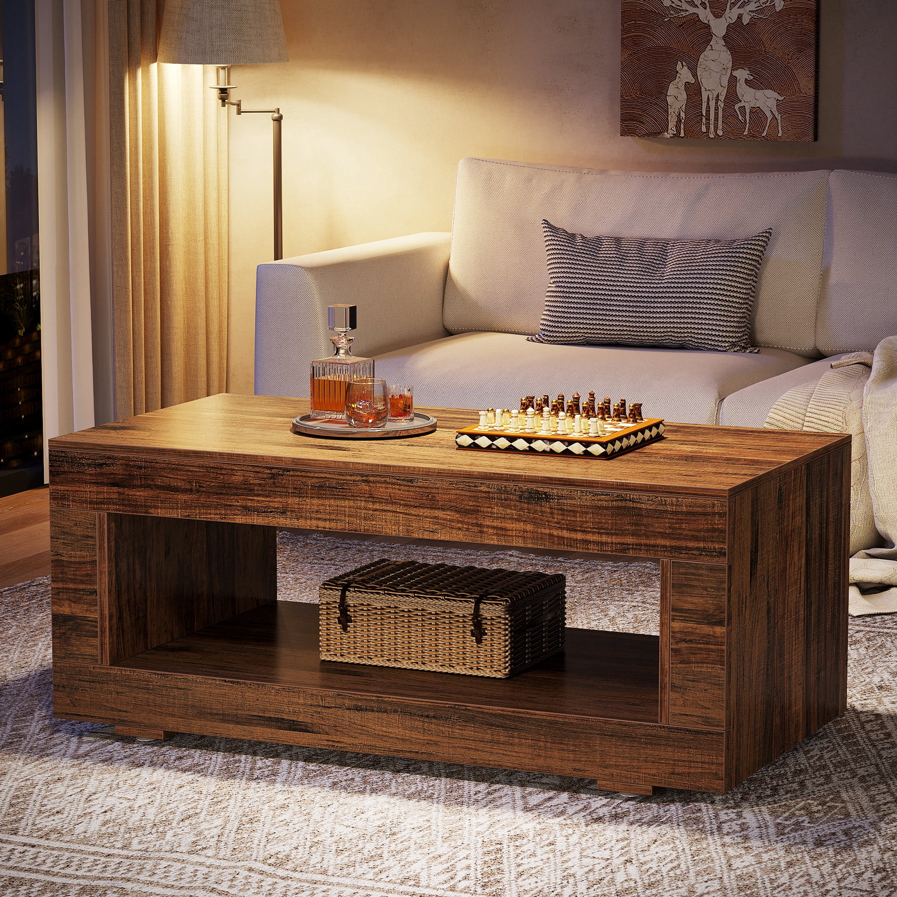 Tribesigns Coffee Table for Living Room, 43.3" Modern Farmhouse Coffee Table with Storage, 2-Tier Wood Rectangular Center Table Cocktail Living Room Table with Sturdy Base, Rustic Brown