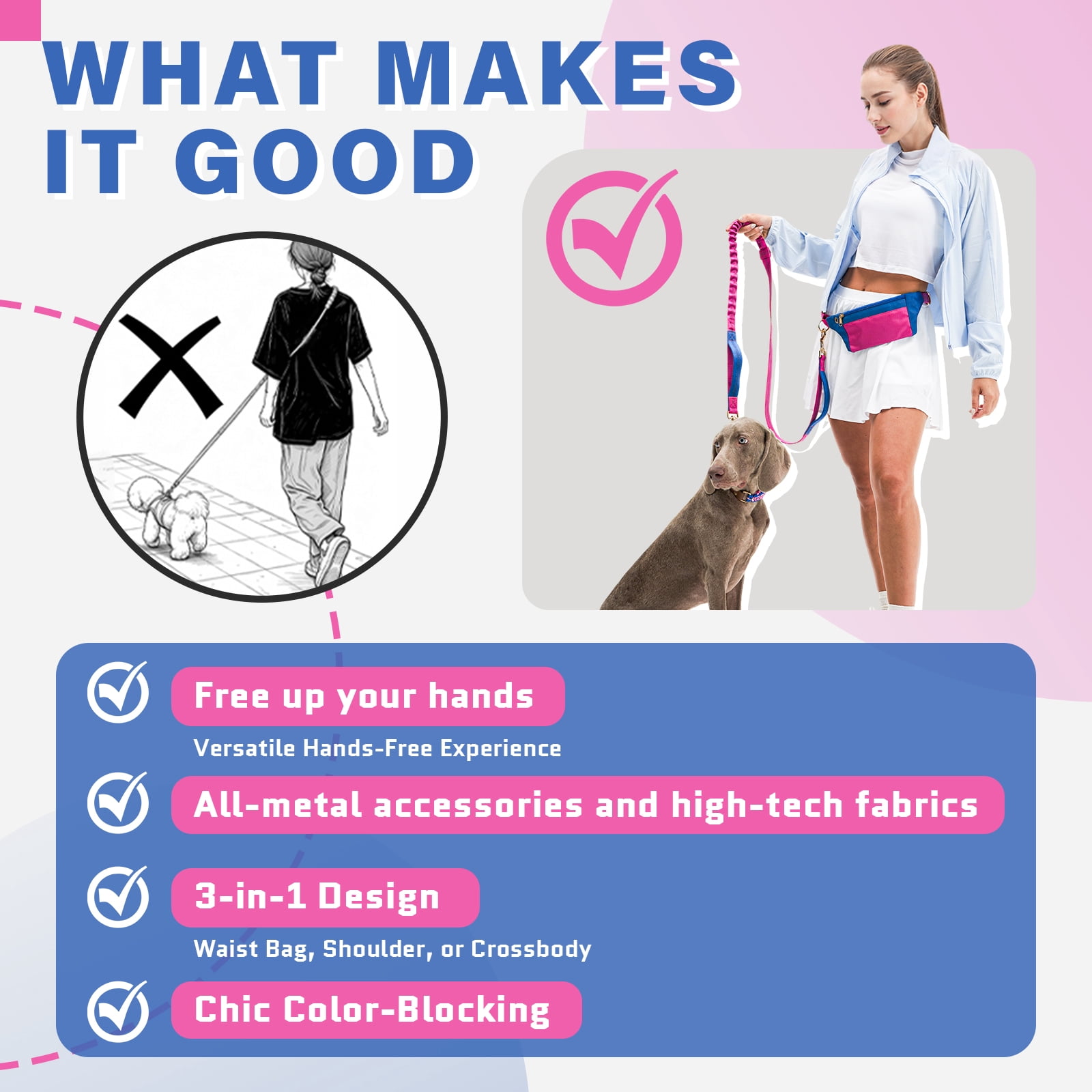 Tirevt Hands-Free Dog Leash: Versatile Color-Block Bungee for Large & Multi-Dog Walking, Modular Tech-Pouch, Sponge-Padded Waist Belt for Running, Hiking & Urban Strolls