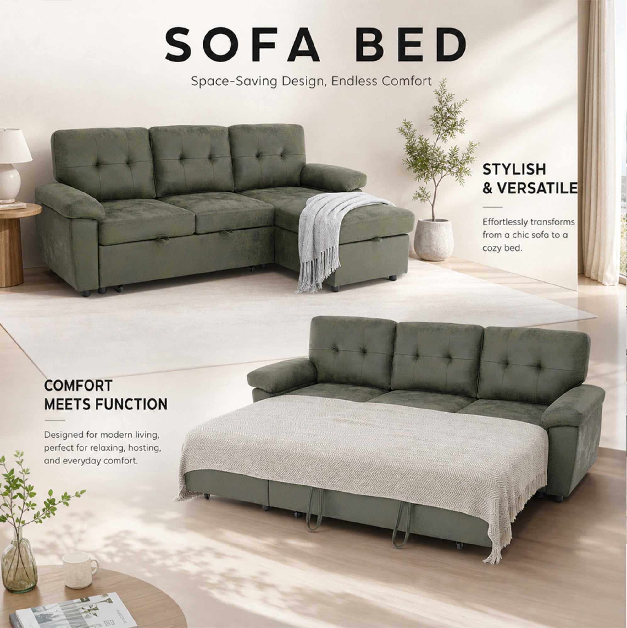 BSHTI 88.5" Polyester Fabric L-Shaped Sectional Sleeper Sofa Bed with Pull-Out Bed, Storage Chaise for Living Room( Light Brown)