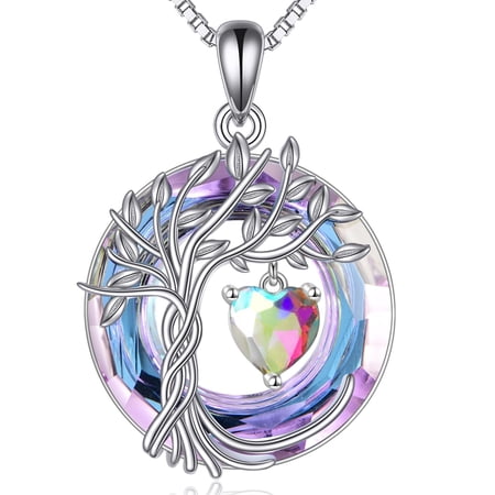 YAFEINI Tree of Life Necklace 925 Sterling Silver April Birthstone Pendant Necklaces with Crystal Anniversary Birthday Wedding Jewelry for Mom Her Wife Sister