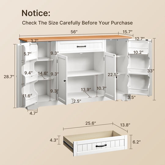 Buffet Cabinet, Aiho Coffee Bar Cabinet with 1 Drawer and 4Doors, 56" Kitchen Storage Cabinet for Kitchen, Living Room and Bathroom - Retro Desktop