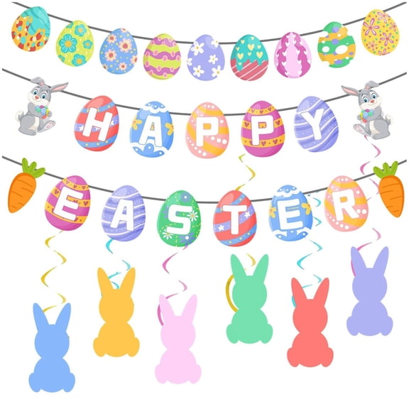 Clearance! Easter Decorations Easter Decor Happy Easter Banner Egg Bunny Garland Hanging Swirl School Classroom Themed Party Decorations for Home Office Mantle Fireplace Classroom Wall Tree
