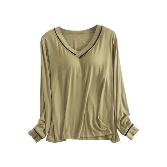 zbxnLI Pajama Tops for Women V Neck Long Sleeve Shirts with Built in Bras Soft Lounge Tops