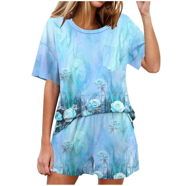 Conjunto de Pijama de las Mujeres de Moda Casual Color Sólido Manga Corta Cuello Redondo Top Y Pantalones