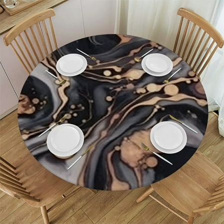 

HAOXIT Round Table Cover marble texture pattern Round Fitted Tablecloth Elastic Edge Suitable for Catering and Kitchen Can Wipe Dining round Table coverr Black for Round Tables 46-50