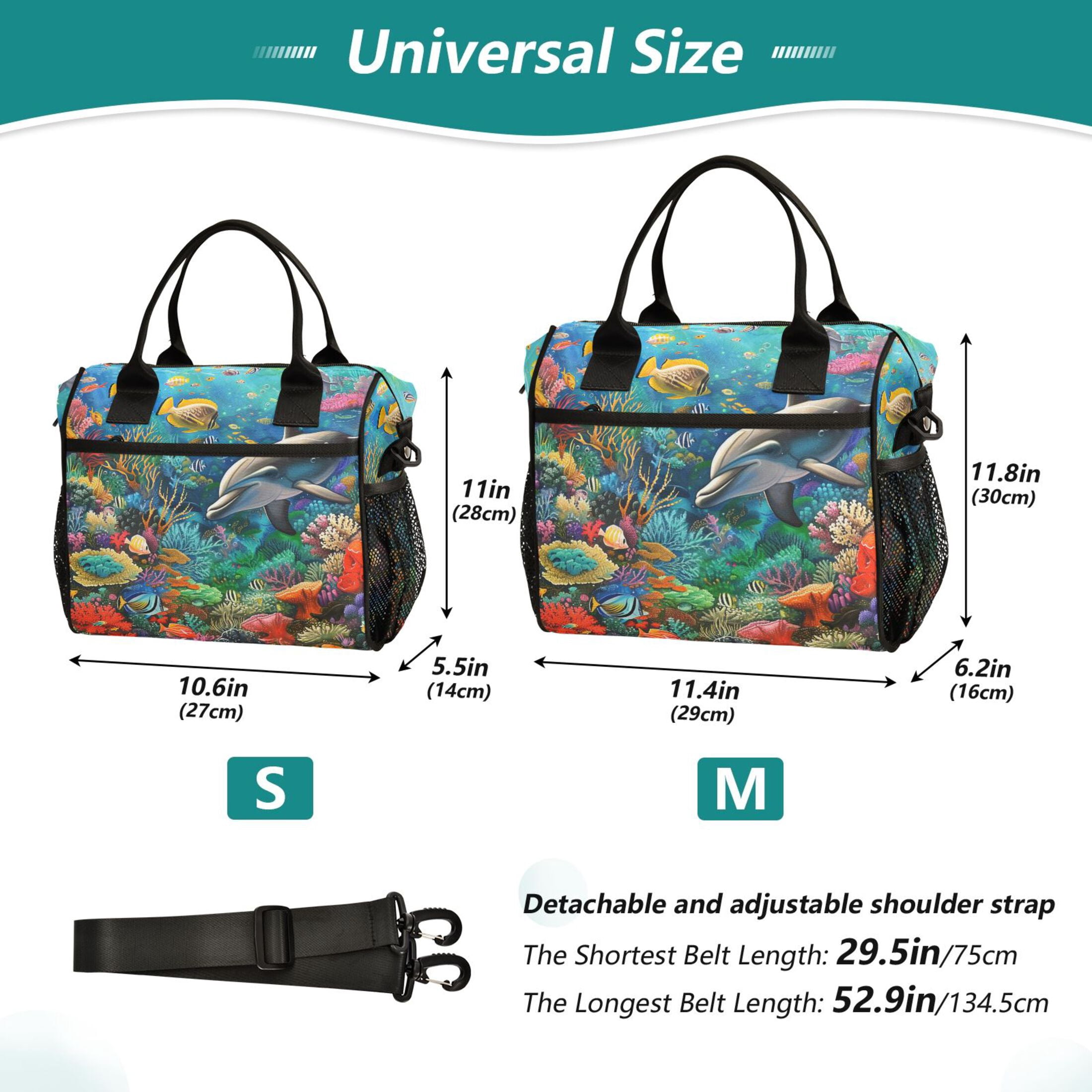 ALAZA Dolphin Fish Coral under Sea Insulated Lunch Bag Reusable Tote Box Adjustable Shoulder Strap for Work Picnic