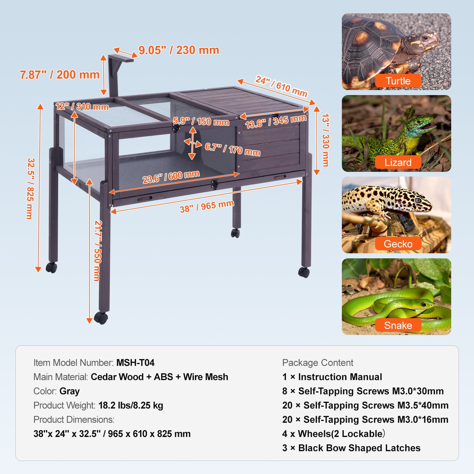 VEVOR Tortoise Habitat, Wooden Tortoise House Indoor & Outdoor, Rolling Tortoise Enclosure with Light Stand, Reptile Enclosure Small Animal Cage with Stand Legs, Wheels, for Gecko, Lizard, Snake