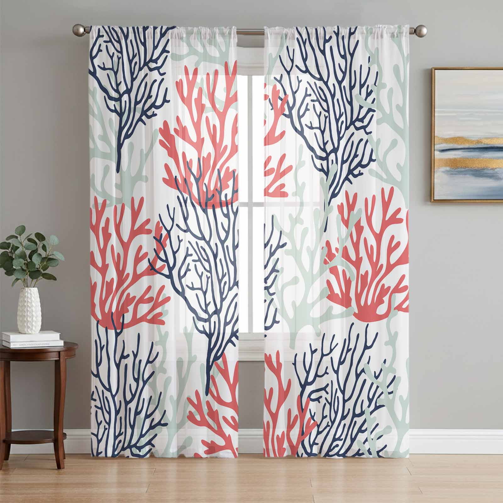 Red Navy Blue Coral Coastal Semi Sheer Curtains 72 Inch Length 2 Panels Set Summer Beach Seaside Nautical Sheer Kitchen Curtain Privacy Voile Window Curtain for Living Room Bedroom Rod Pocket Drapes