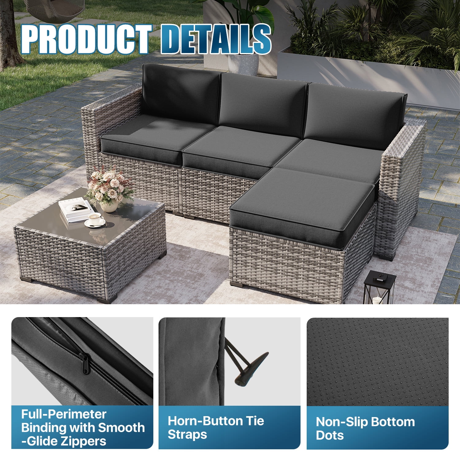 Clouddwell 7-Piece Outdoor Cushion Set for 4-Seat Wicker Sectional - Waterproof, High-Resilience Foam (Dark Gray)