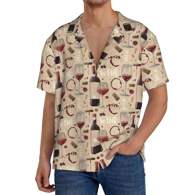 Fotbe Wine Glasses Camisa Estampada de Manga Corta para Hombre, Casual de Verano, Estilo Playero, Sin Arrugas-Large