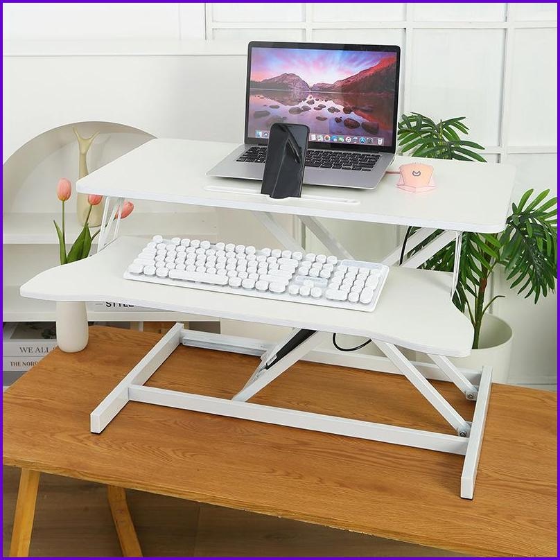 Desk Converter, 31.5”x15.7” Height Adjustable Sit to Stand Riser with Wide Keyboard Tray for Dual Monitors/Laptop, White | MDF+Metal