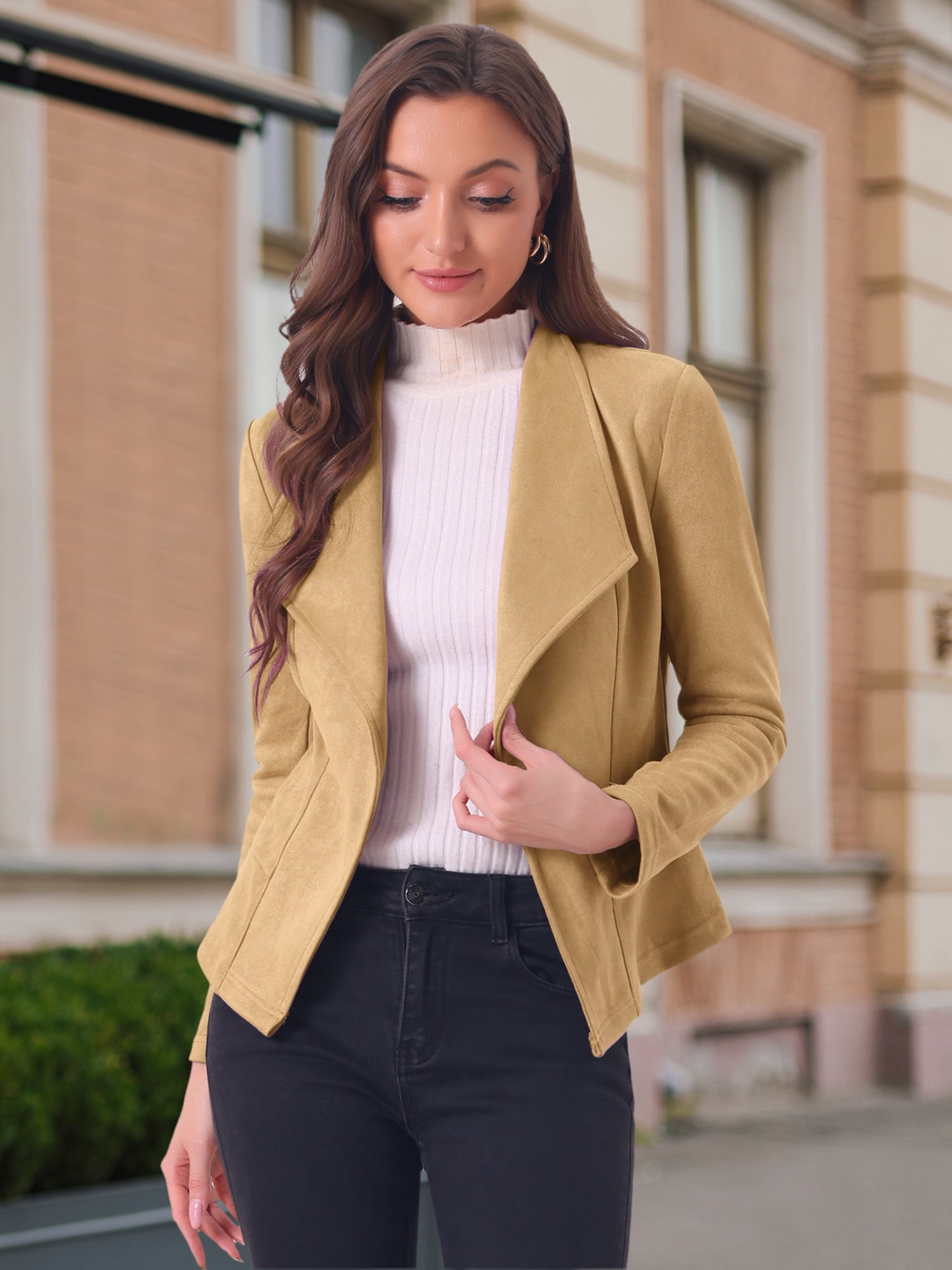 DARING DIVA Faux Suede Jacket Open Front Lapel Draped Cardigan Blazers XS Khaki
