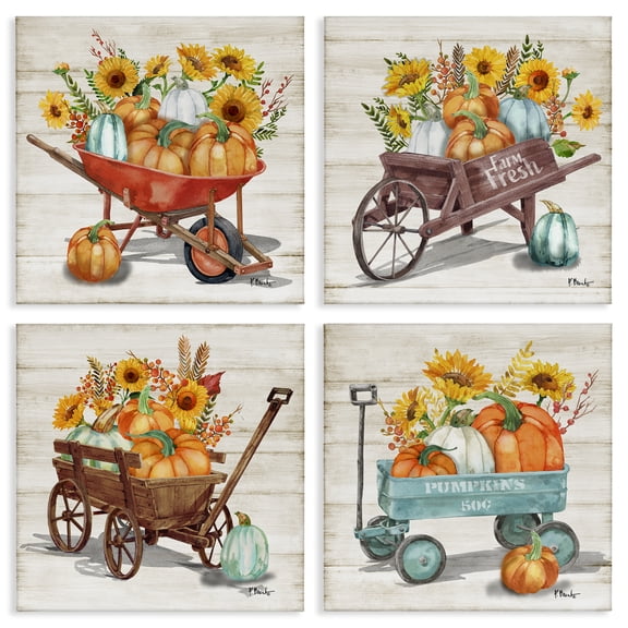 Stupell Industries Autumn Harvest Wagons Botanical & Floral Painting Gallery Wrapped Canvas Art Prints Wall Art, 17 x 17, Set of 4