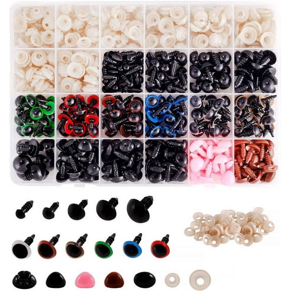 600Pcs Doll Plastic Safety Eyes and Noses with Washers for Crocheting Stuffed Animals Multicolor Round & Oval (6-14mm)