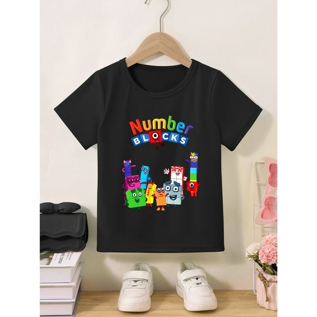 Camiseta con estampado de dibujos animados y números: cómoda, elástica, de manga corta, cuello redondo informal, esencial para el verano, diseño divertido con personajes coloridos, ropa informal de v