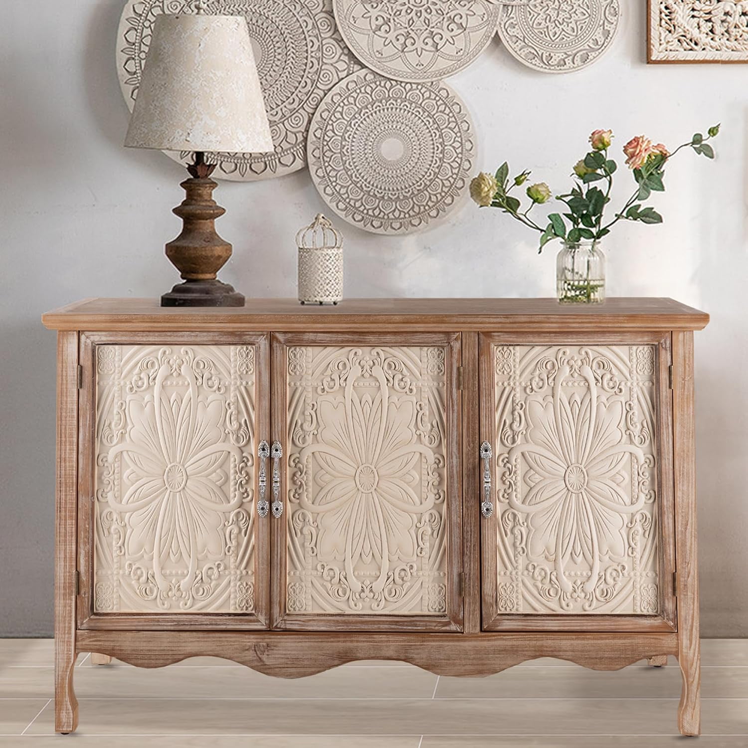 CozyHome Vintage Sideboard Buffet Cabinet with 3 Carved Doors, Rustic Accent Cabinet Storage Cabinet with Shelves, Wood Entryway Cabinet for Kitchen, Dining Room, Living Room, Bedroom, Natural