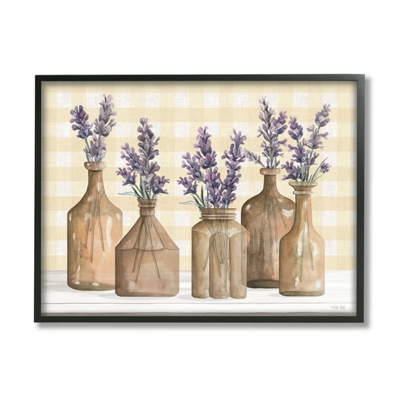 Stupell Country Gingham Lavender Sprigs Botanical & Floral Painting Black Framed Art Print Wall Art
