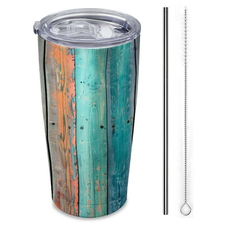 

wooden fence painted in different colors of teal Insulated Travel Tumbler 20 oz Car Cup with Reusable Straw & Brush Hot & Cold Beverage Cup for Office/Outdoor