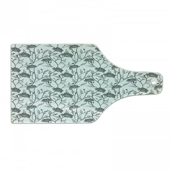 Grey Cutting Board, Modern Graphic of Flowers and Branches with Simple Pure Patterns Boho Print, Decorative Tempered Glass Cutting and Serving Board, Wine Bottle Shape, Grey White, by Ambesonne