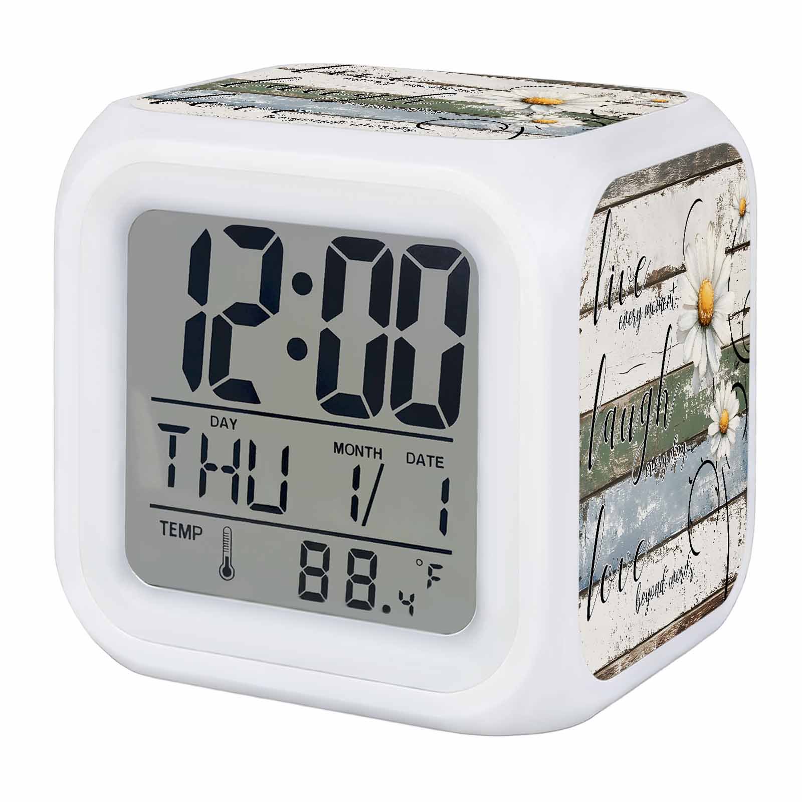 Vintage Alarm Clock, Classic White Daisies Flowers Wood Grain Digital Clock Night Light with 7 Color, Calendar Temperature Display, LED Desk Small Clock for Bedrooms Bedside Living Room